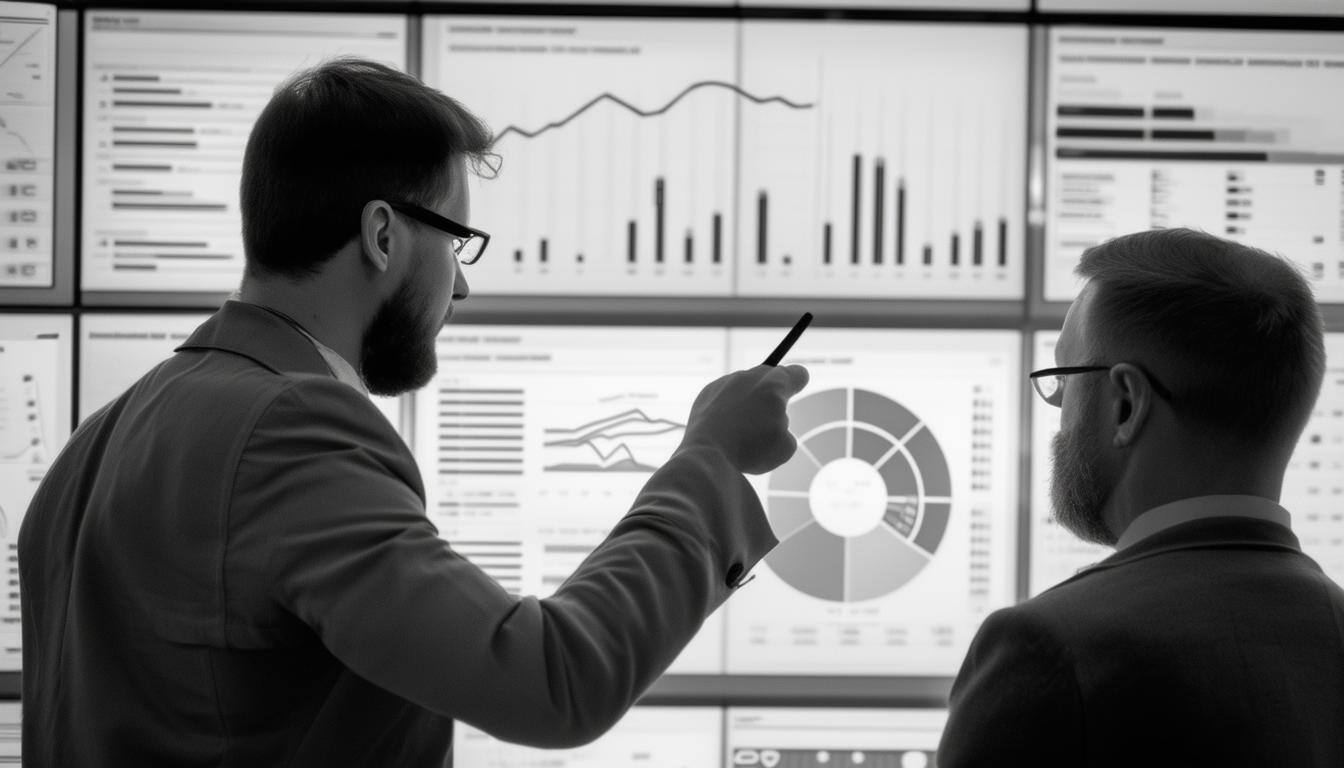 Two Germans looking at a digital dashboard containing graphs and tables