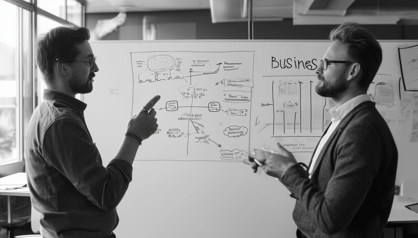 Two Germans talking in front of a whiteboard