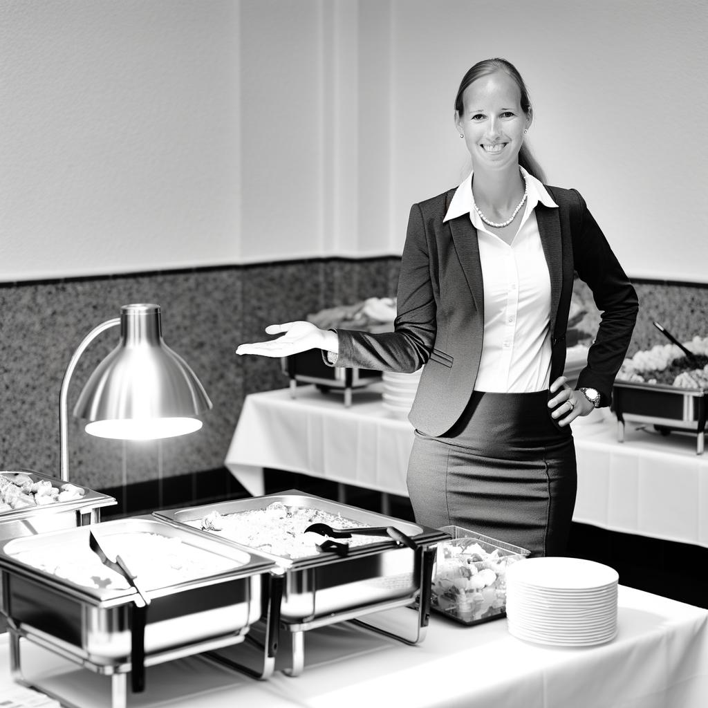 A German woman in informal business attire is standing behind a buffet table offering lots of different options-1